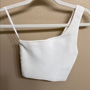 Babaton White Ribbed Asymmetrical Crop Top